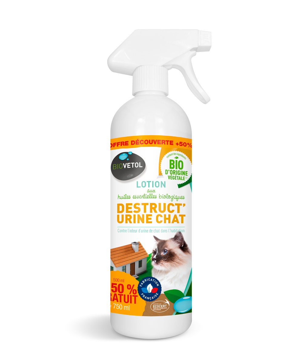Lotion destructeur d'odeur urine - bio certifié ecocert- chat - répulsif -750ml