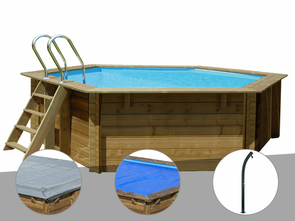 Kit piscine bois vanille 2 ø 4,00 x 1,19 m + bâche hiver + bâche à bulles + dou