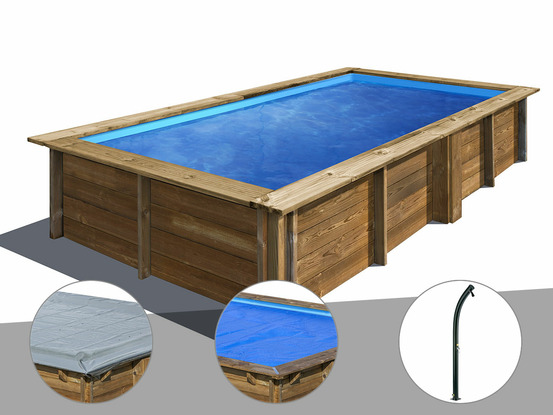 Kit piscine bois lemon 3,75 x 2,00 x 0,68 m + bâche hiver + bâche à bulles + do