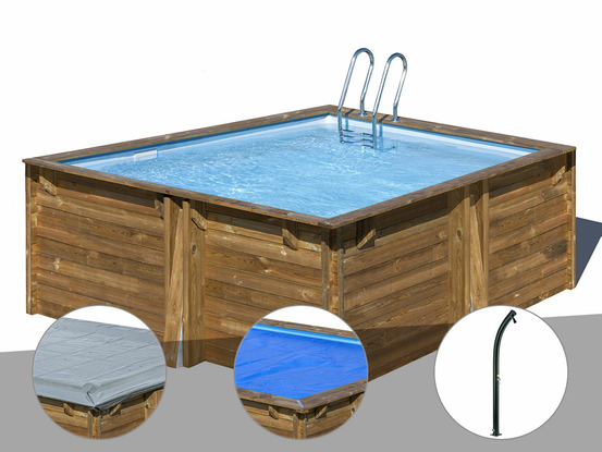 Kit piscine bois carra 3,05 x 3,05 x 1,19 m + bâche hiver + bâche à bulles + do