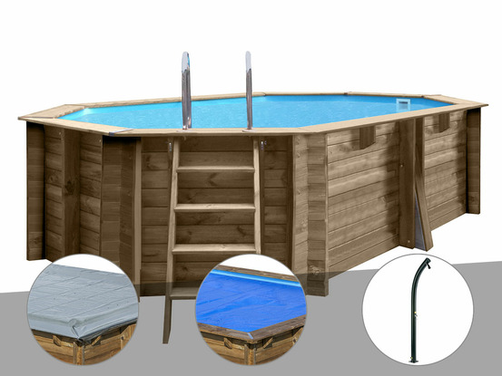 Kit piscine bois nade 2 4,36 x 3,36 x 1,17 m + bâche hiver + bâche à bulles + d