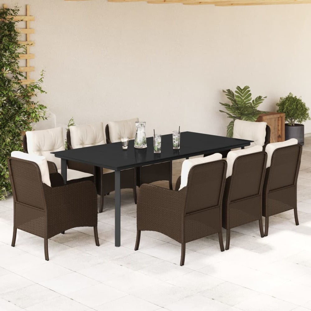 Ensemble à manger de jardin et coussins 9 pcs marron poly rotin
