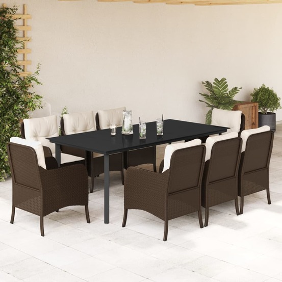 Ensemble à manger de jardin et coussins 9 pcs marron poly rotin