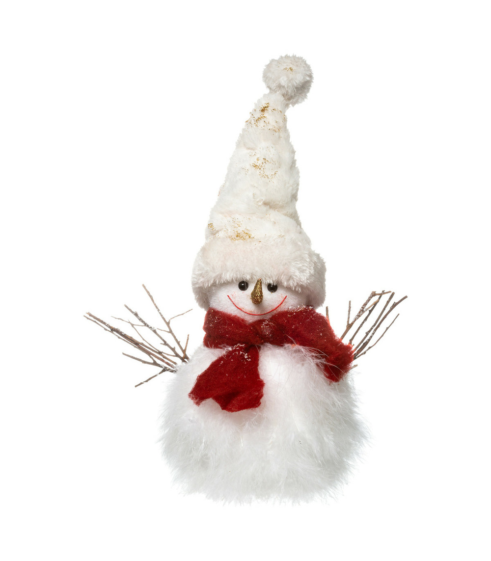 Déco de noël bonhomme de neige en fourrure blanche avec bonnet h 23 cm