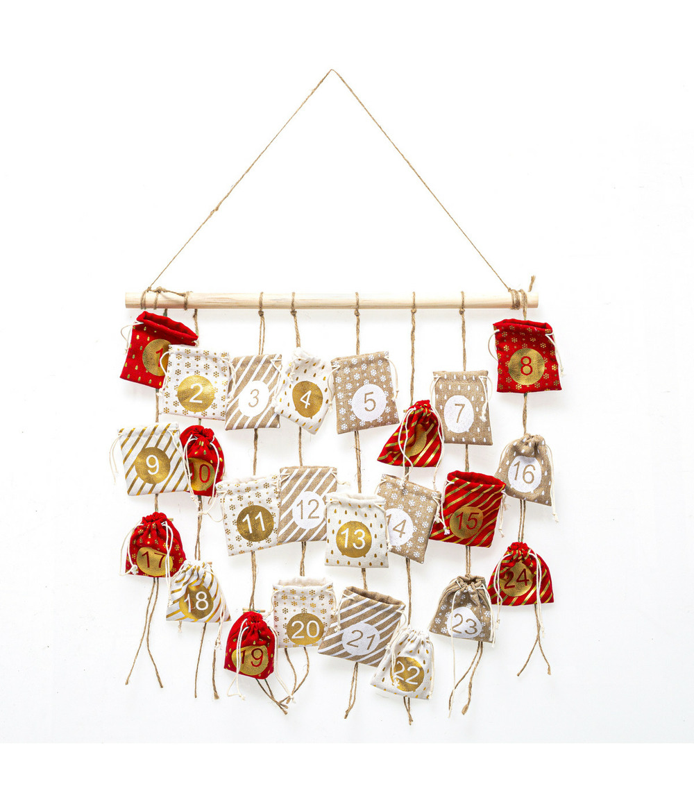Déco de noël calendrier de l'avent 24 pochons rouge et doré h 60 cm