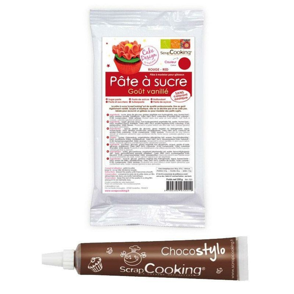 Pâte à sucre rouge 250 g + stylo chocolat