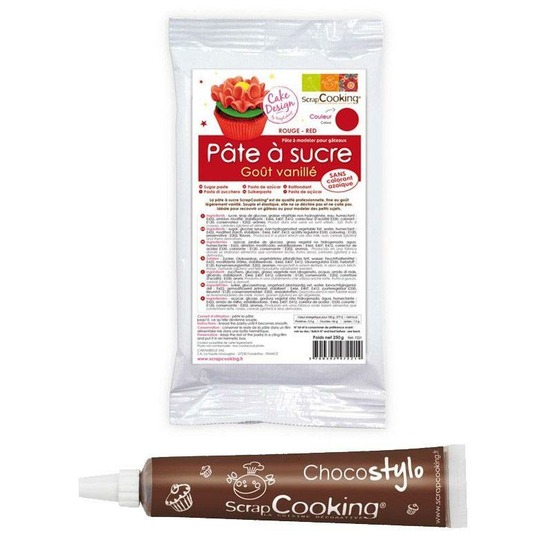 Pâte à sucre rouge 250 g + stylo chocolat