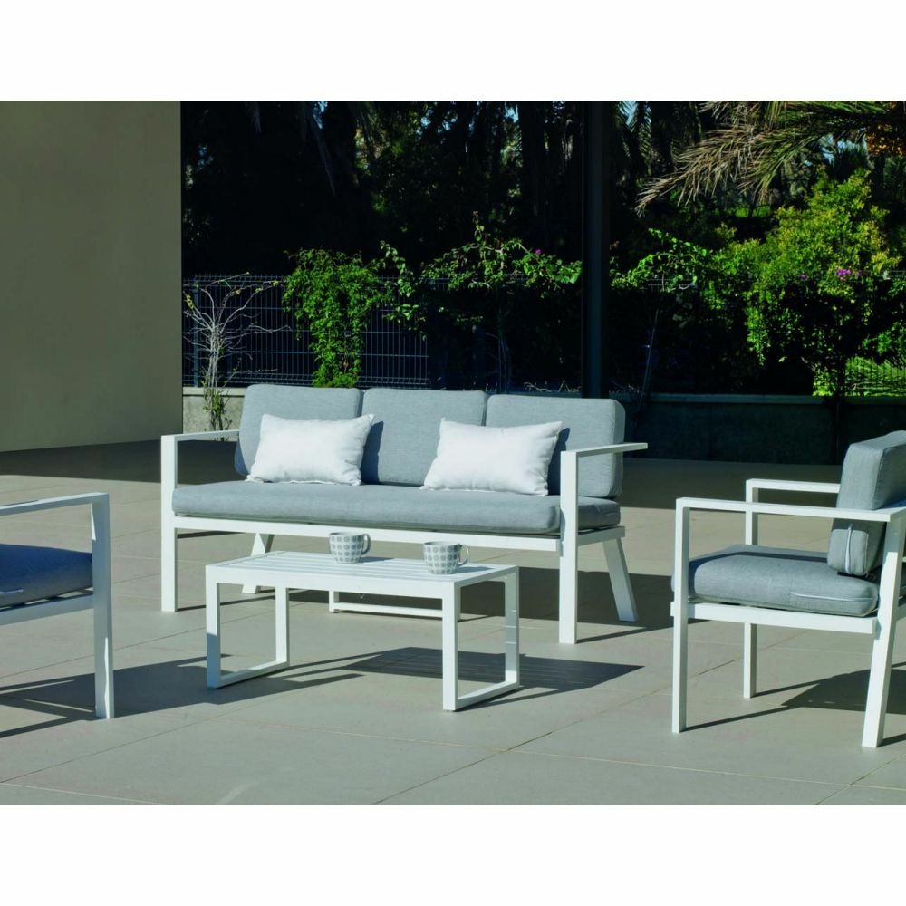 Salon de jardin sofa azores-8 finition blanc tissus gris clair marilan dralon de 5 places