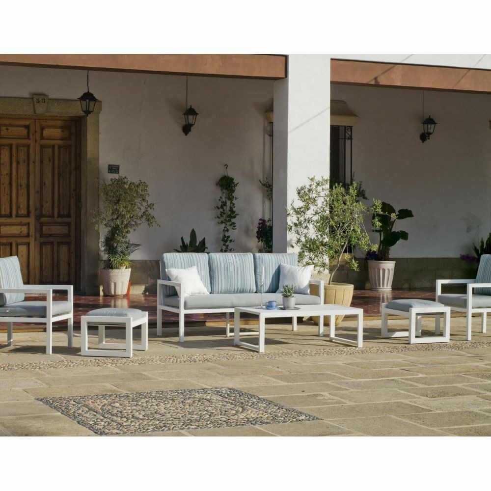 Salon de jardin détente design blanc mandalay canapé 3p + 2 fauteuils + 2 poufs