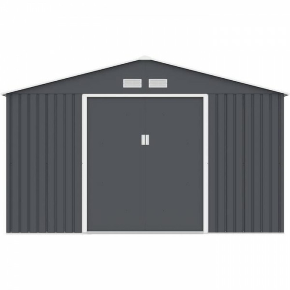 Abri de jardin en métal 10,85 m² - 340 x 319 x 210 cm - jupiter - kit d'ancrage inclus, 2 portes coulissantes - gris