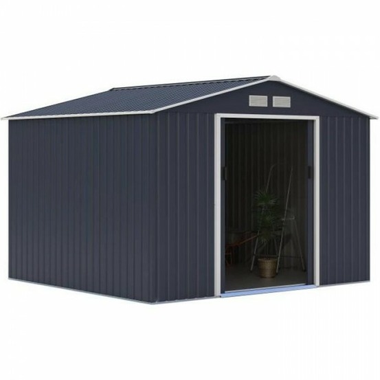 Abri de jardin en métal 7,06 m² - 277 x 255 x 202 cm - mercure - kit d'ancrage inclus, 2 portes coulissantes - gris