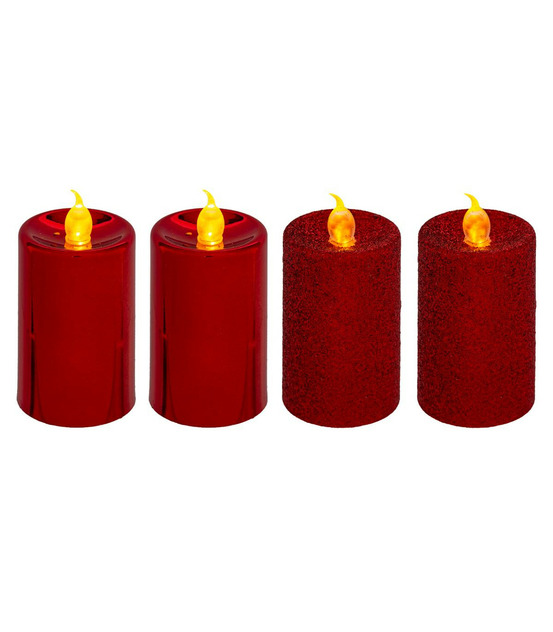 Lot de 4 bougies lumineuses rouge pailleté et rouge métallisé h 7.5 cm