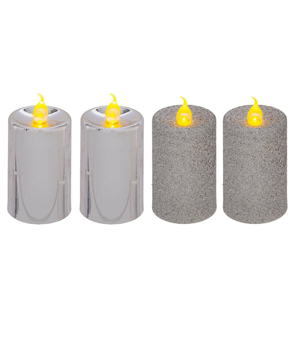 Lot de 4 bougies lumineuses gris pailleté et gris métallisé h 7. 5 cm
