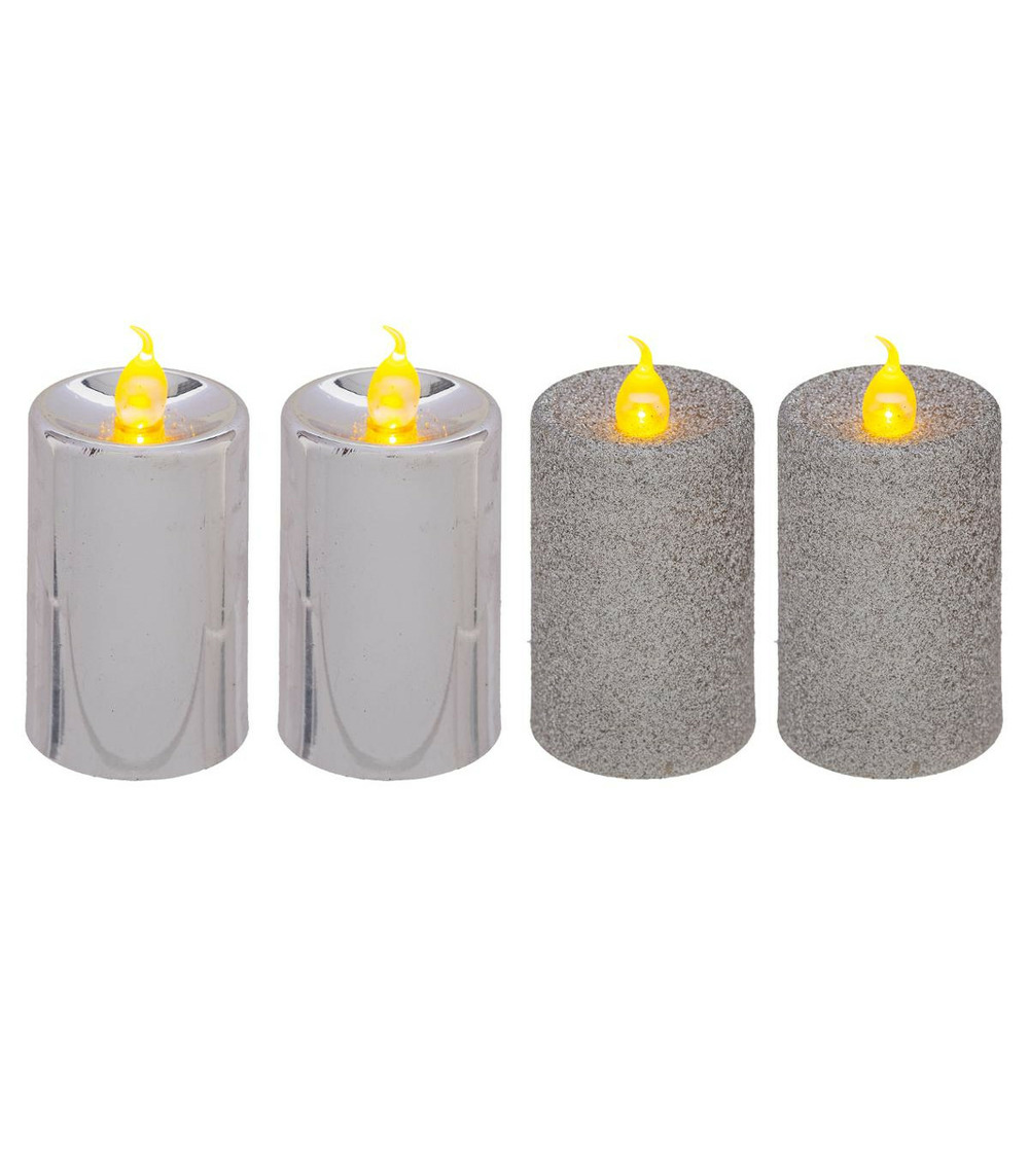 Lot de 4 bougies lumineuses gris pailleté et gris métallisé  h 7.5 cm