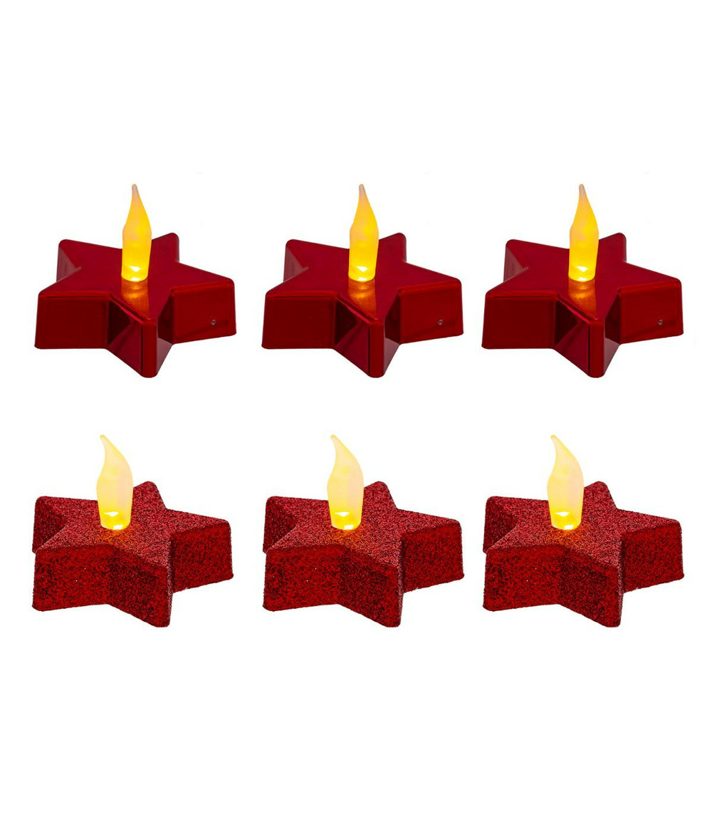 Lot de 6 bougies étoile lumineuse à led rouge pailleté et rouge métallisé