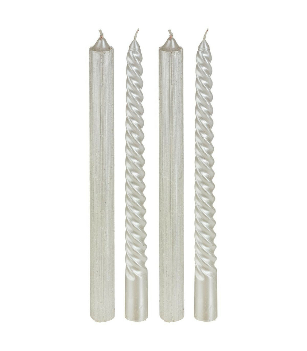 Lot de 4 bougies bâtons pailleté et twisté blanc h 25 cm