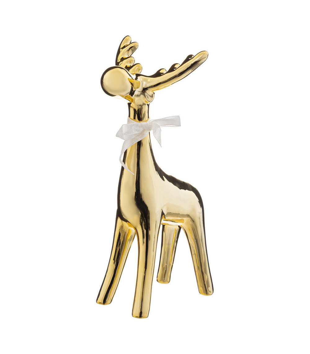 Déco de noël renne doré en céramique avec petit noeud blanc h 26 cm