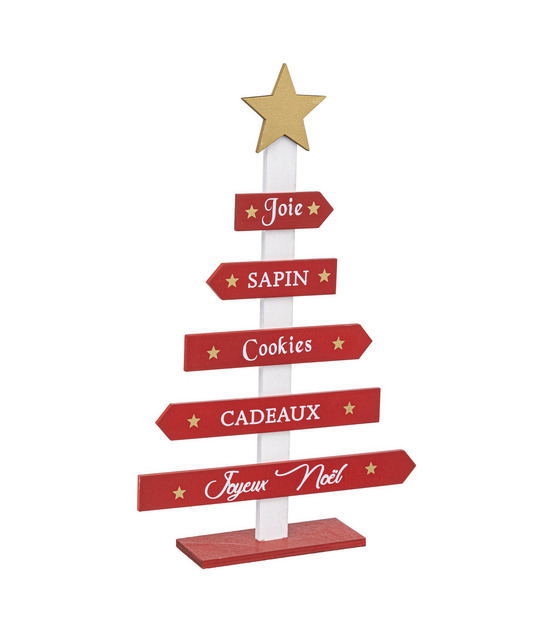 Déco de noël pancarte rouge sapin en bois h 35 cm
