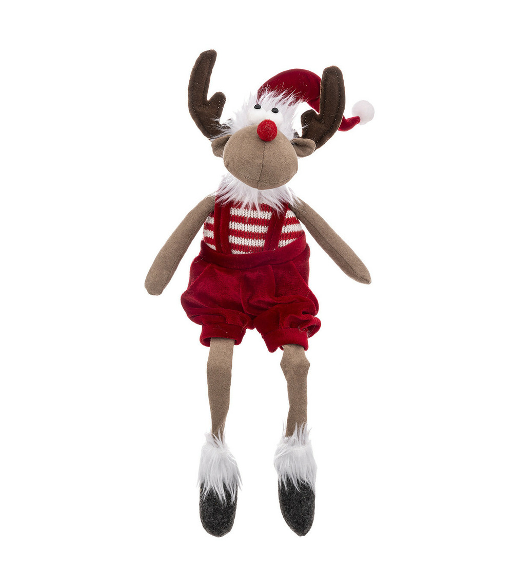 Renne de noël en salopette rouge h 52 cm