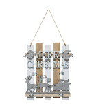 Suspension en bois merry christmas avec déco argenté pailleté h 24 cm