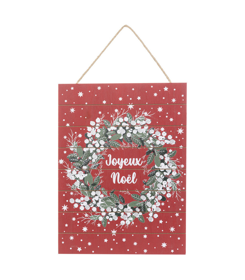 Pancarte joyeux noël en bois fond rouge avec couronne h 40 cm