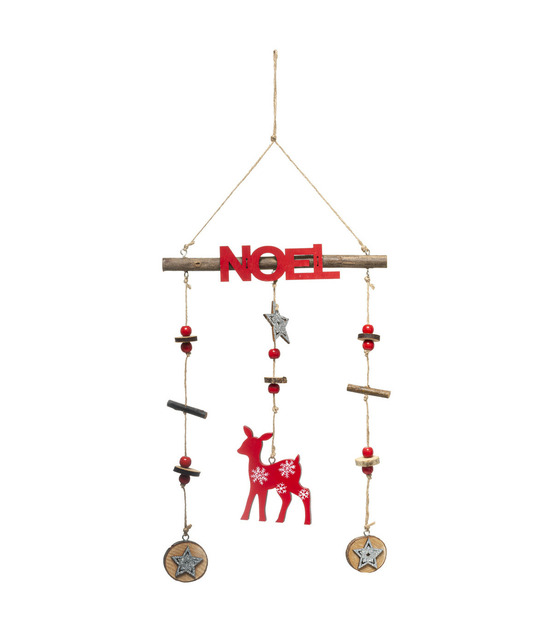 Déco de noël suspension en bois avec biche rouge et argent pailleté h 38 cm