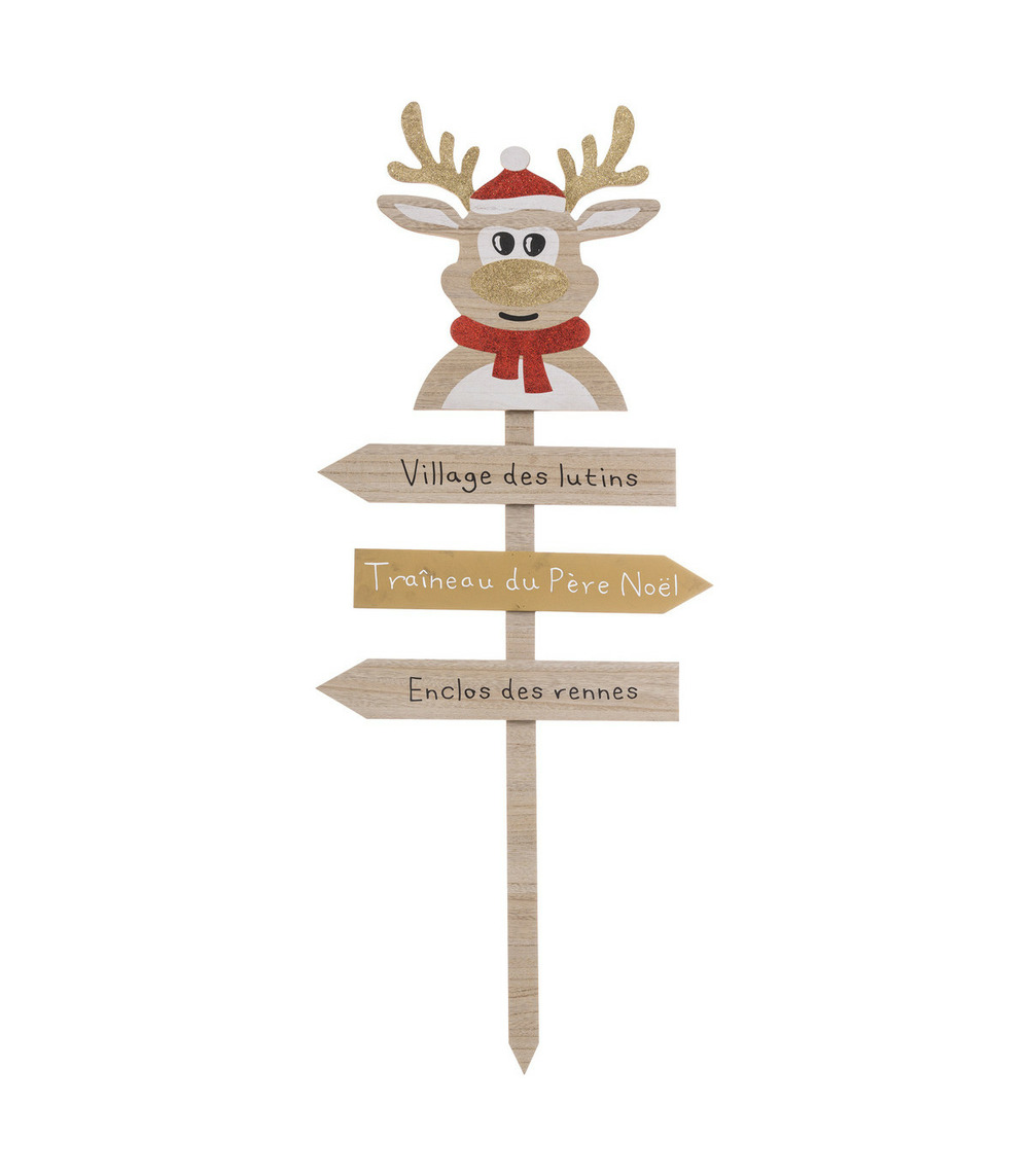 Déco de noël pancarte en bois clair avec renne rouge et doré h 120 cm