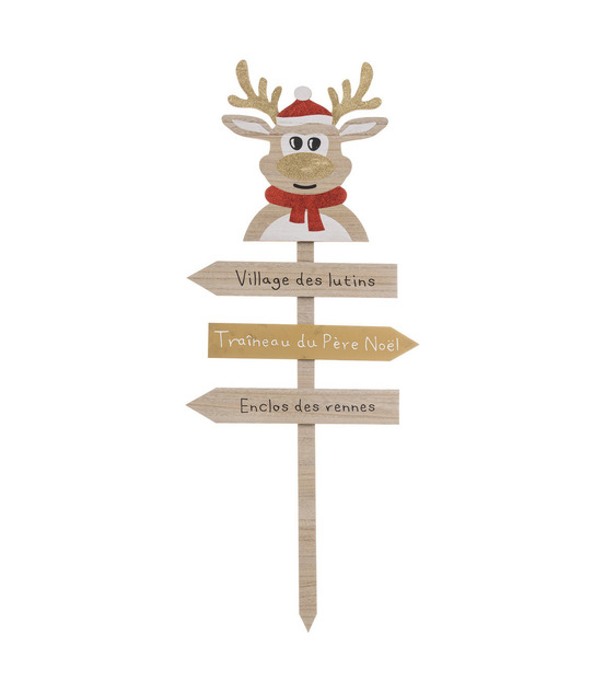 Déco de noël pancarte en bois clair avec renne rouge et doré h 120 cm