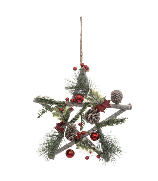 Suspension de noël - etoile en bois avec branchage et décoration h 30 cm