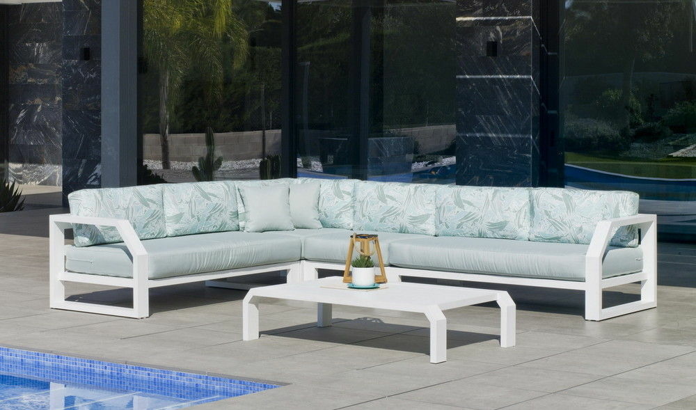 Salon de jardin sofa zafiro - tissus vert/vert, finition blanc - 4 à 7 places
