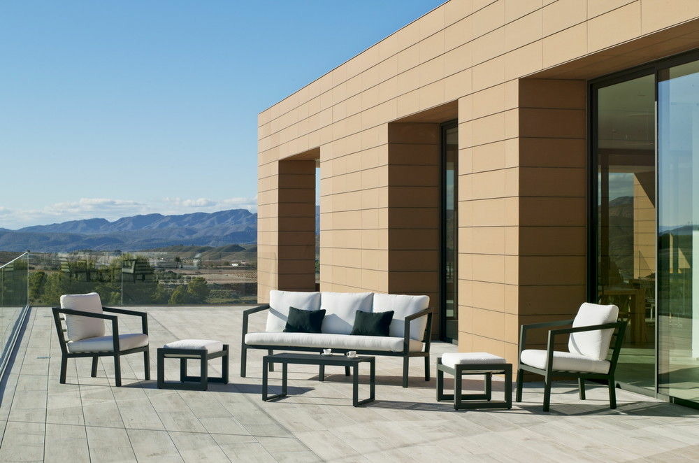 Salon de jardin sofa acapulco - finition anthracite, tissus blanc - 4 à 7 places