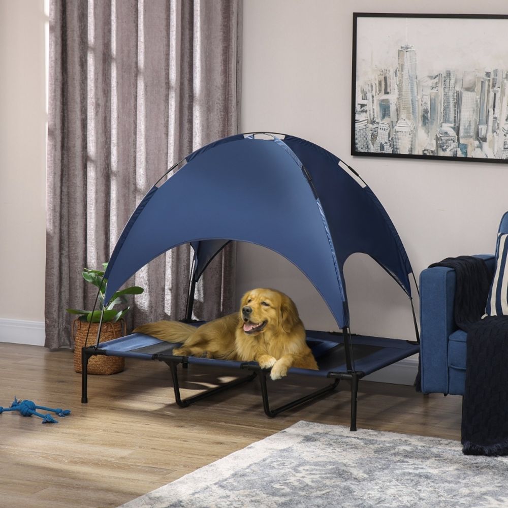 Lit chien extérieur métal oxford jardin avec toit parasol pliable 122x92cm bleu - comfortxl pet living