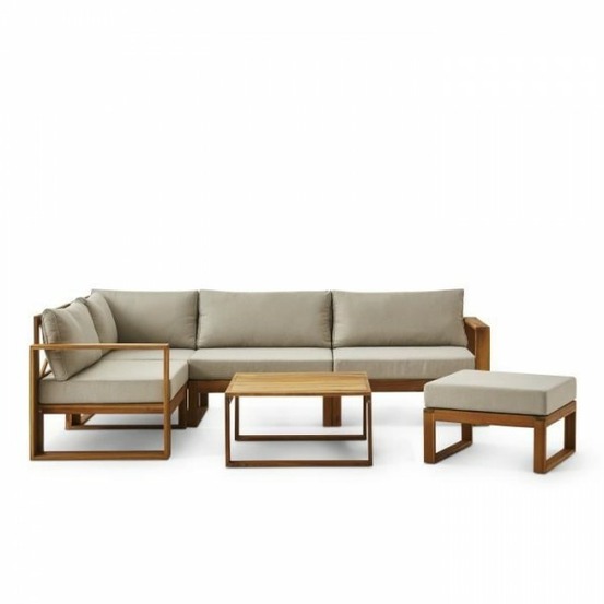 Salon de jardin en bois d'acacia fsc avec coussins lin - - 6 personnes - levata