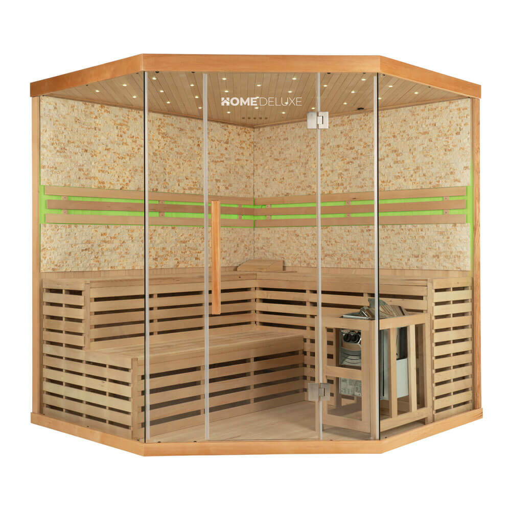 Home deluxe - sauna traditionnel - skyline xl big mur en pierre artificielle - 200 x 200 x 210 cm, pour 2-6 personnes, hemlocktanne,