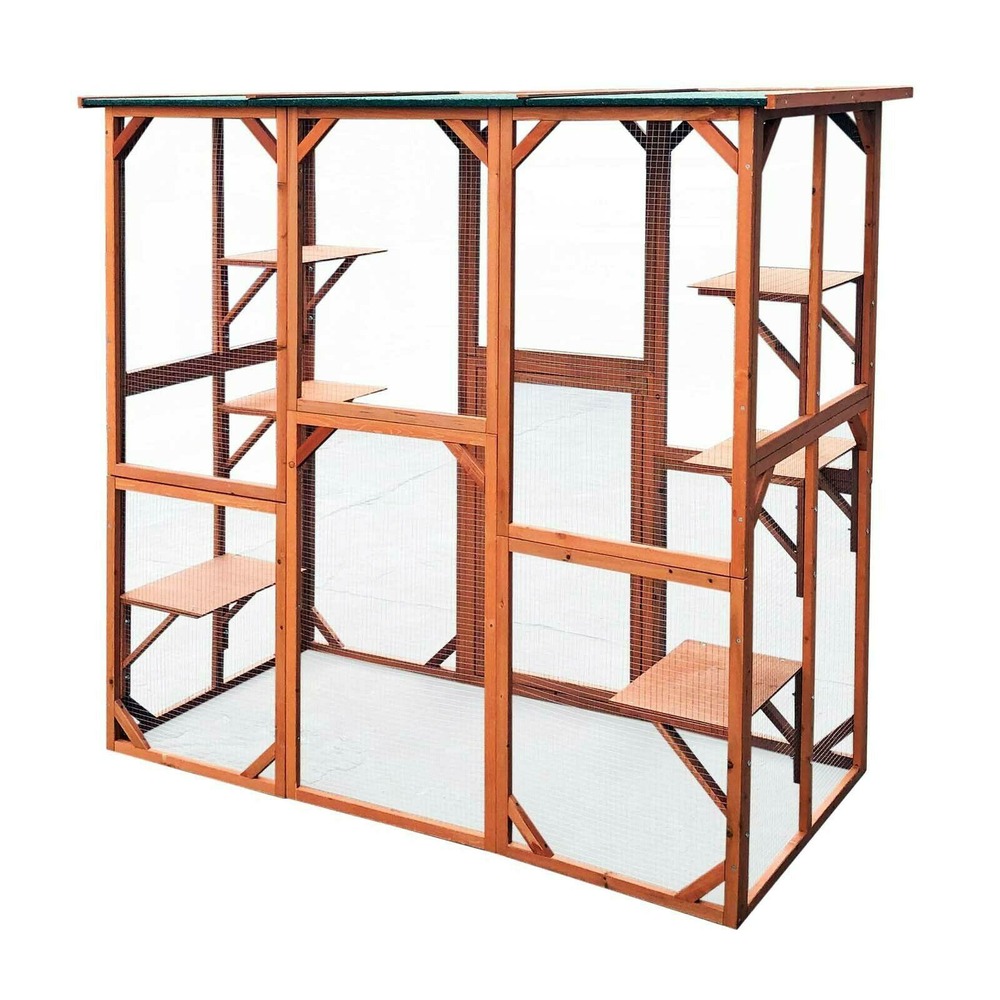 Enclos extérieur parc pour chat bois résistant 180x88x169cm 6 zones de repos