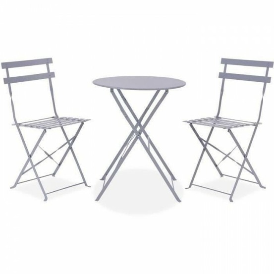 Set bistrot - ensemble repas de jardin - table pliante diam.60 cm + 2 chaises - acier thermolaqué - gris