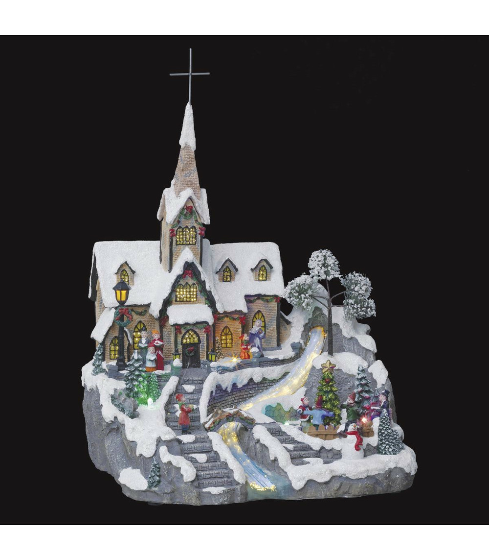 Village de noël lumineux et animé eglise du village avec cascade en fibre optique