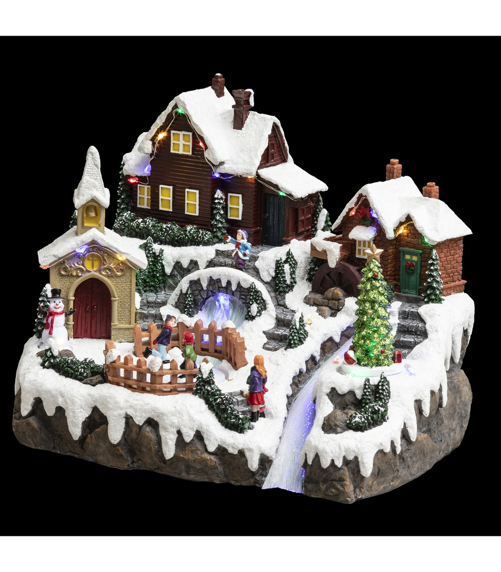 Village de noël lumineux et animé effervescence autour du lac gelé