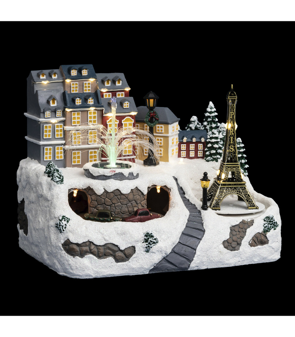 Village de noël lumineux et animé fontaine et tour eiffel