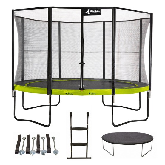 Trampoline 365 cm + filet + échelle + bâche + kit ancrage punchi vert.
