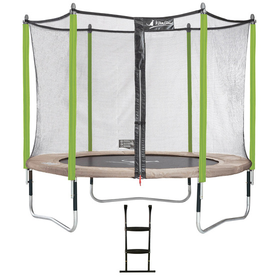 Trampoline de jardin 305 cm + filet de sécurité + échelle jumpi taupe/vert 300