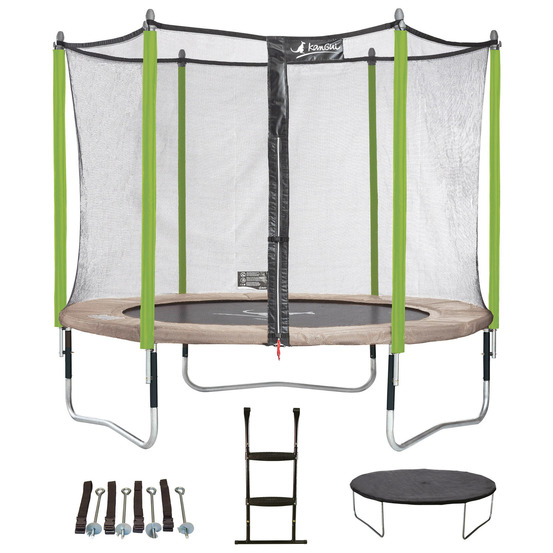 Trampoline 305 cm + filet + échelle + bâche + kit d'ancrage jumpi taupe/vert 300