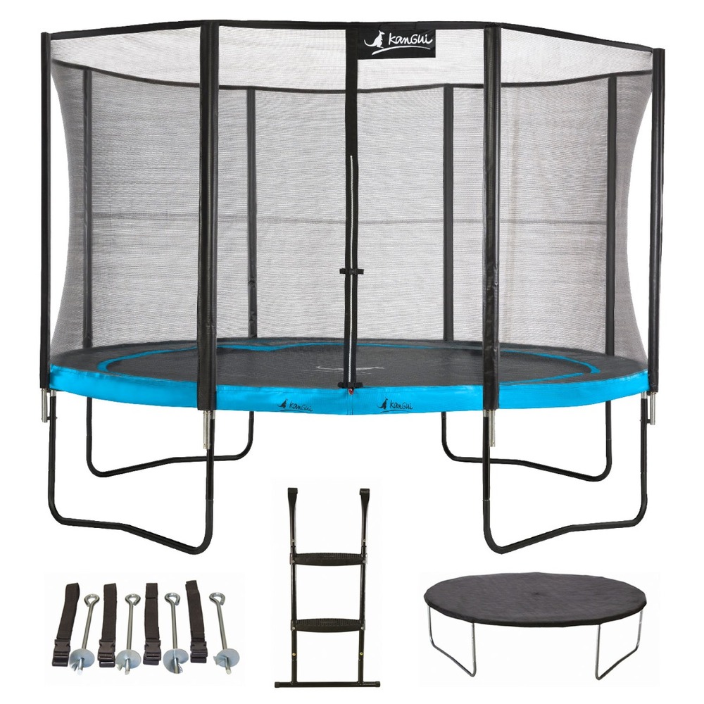 Trampoline 430 cm + filet + échelle + bâche + kit ancrage punchi bleu