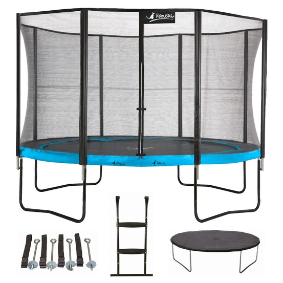 Trampoline 430 cm + filet + échelle + bâche + kit ancrage punchi bleu