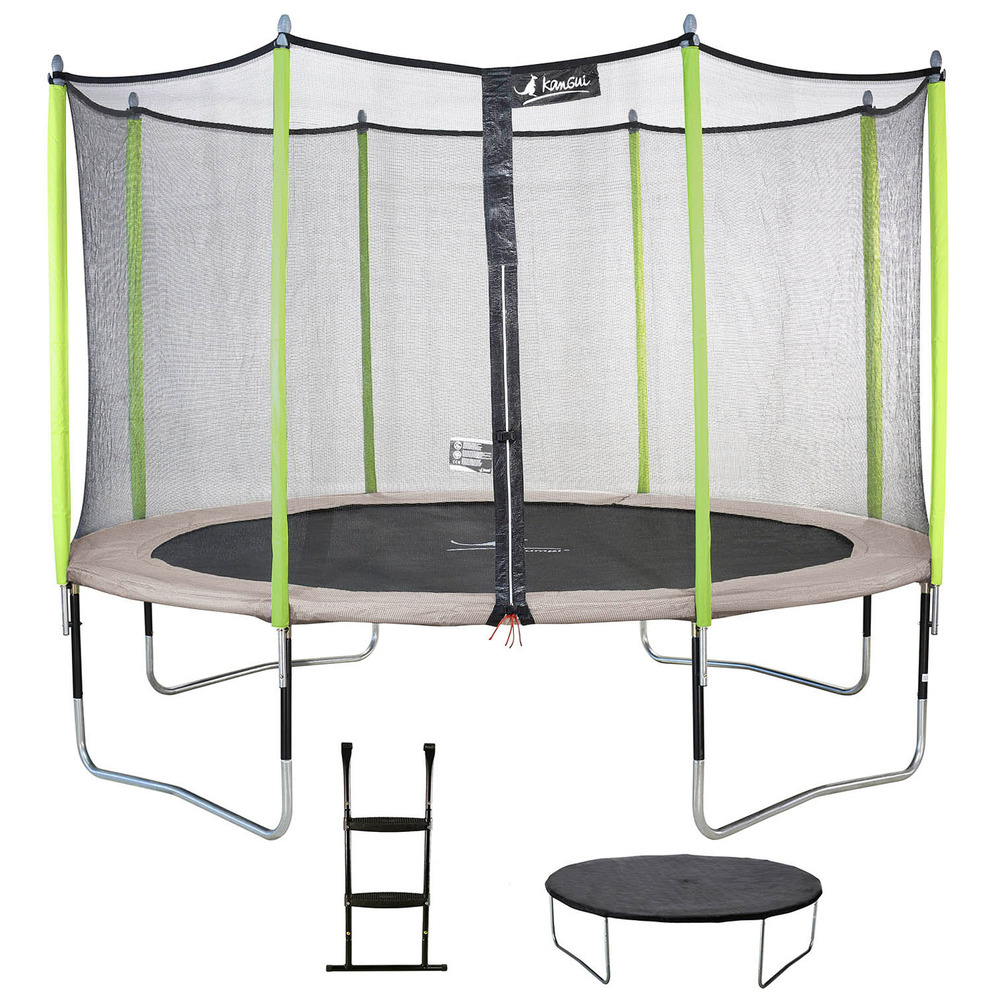 Trampoline 430 cm + filet de sécurité + échelle + bâche jumpi taupe/vert