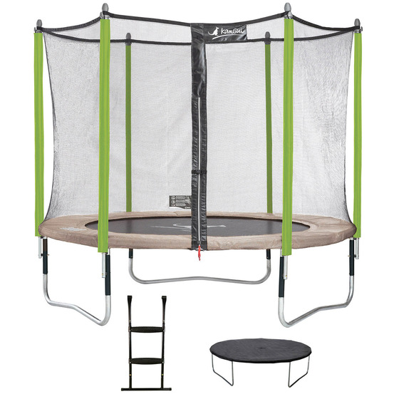 Trampoline de jardin jumpi taupe/vert 305 cm + filet + échelle + bâche de protec