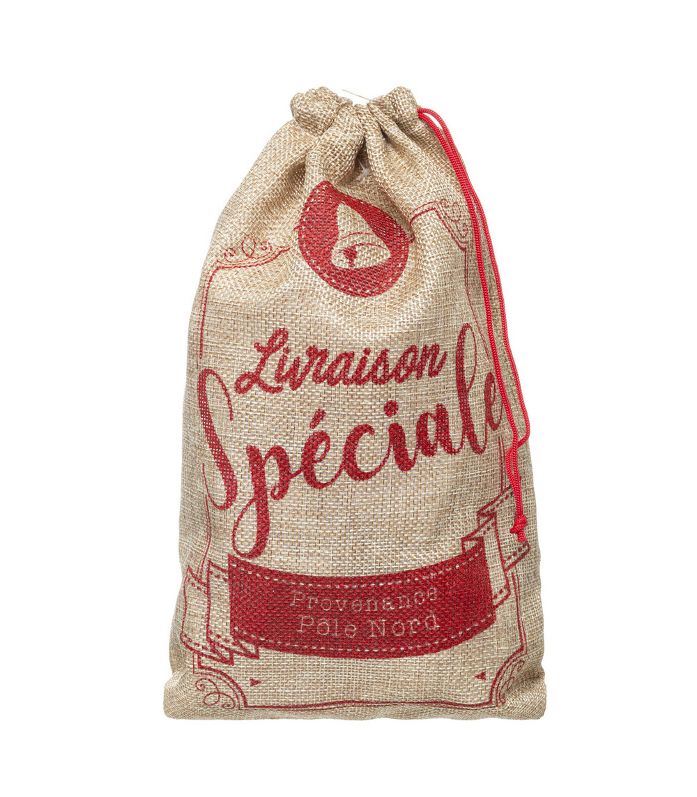 Hotte en jute imprimée rouge avec cordon coulissant 18 x 28 cm