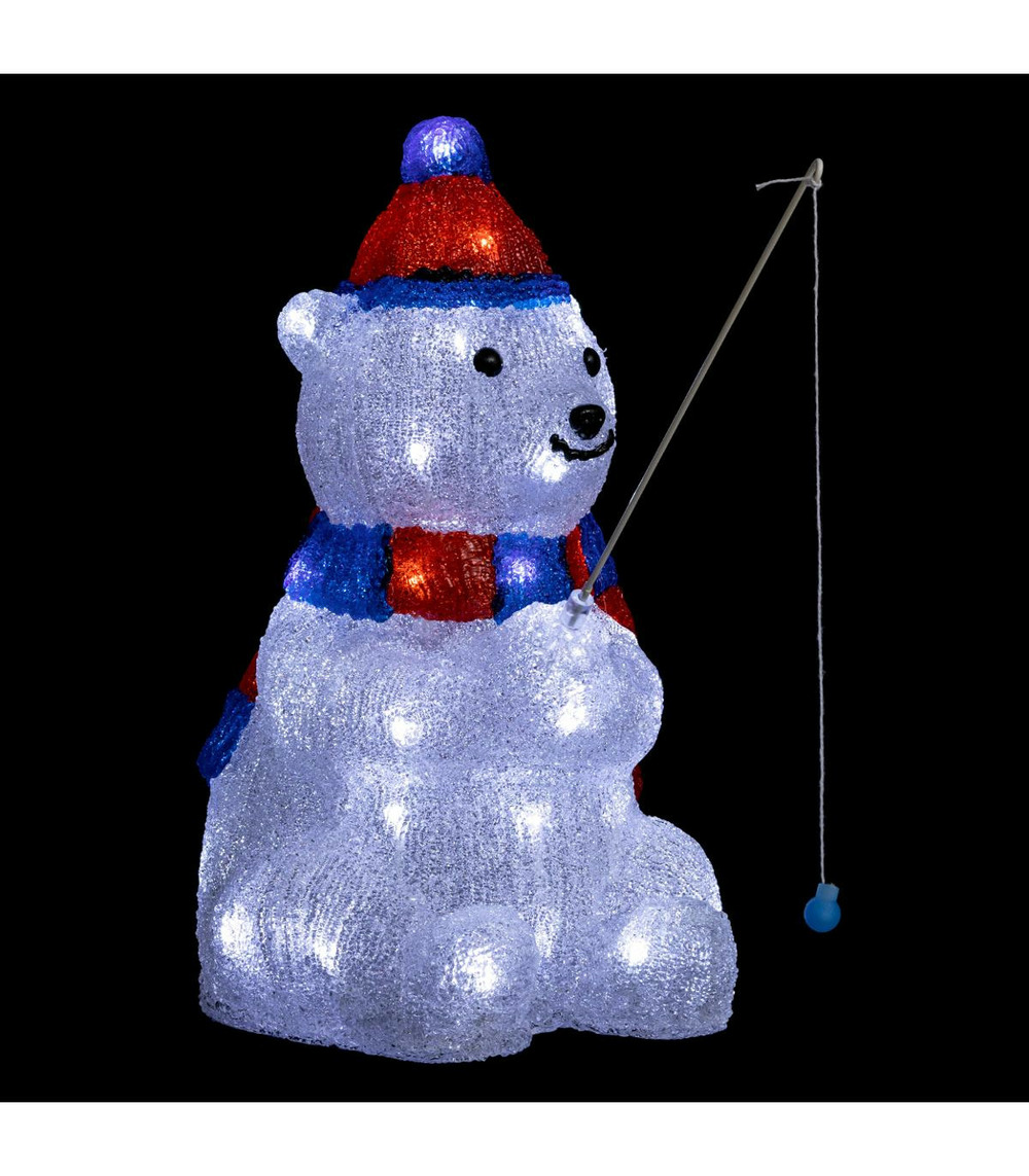 Déco de noël lumineuse ours pécheur 40 led blanches h 39 cm