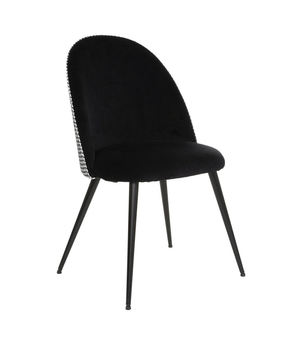 Chaise de table en velours noir & pied-de-poule et en métal noir