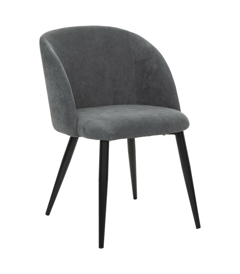 Chaise fauteuil de table en velours côtelé gris galet et pieds en métal noir